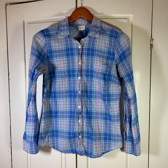 J. Crew Perfect Shirt Womens Blue Pink Green Plaid Button Down Casual Size S - Picture 2 of 11